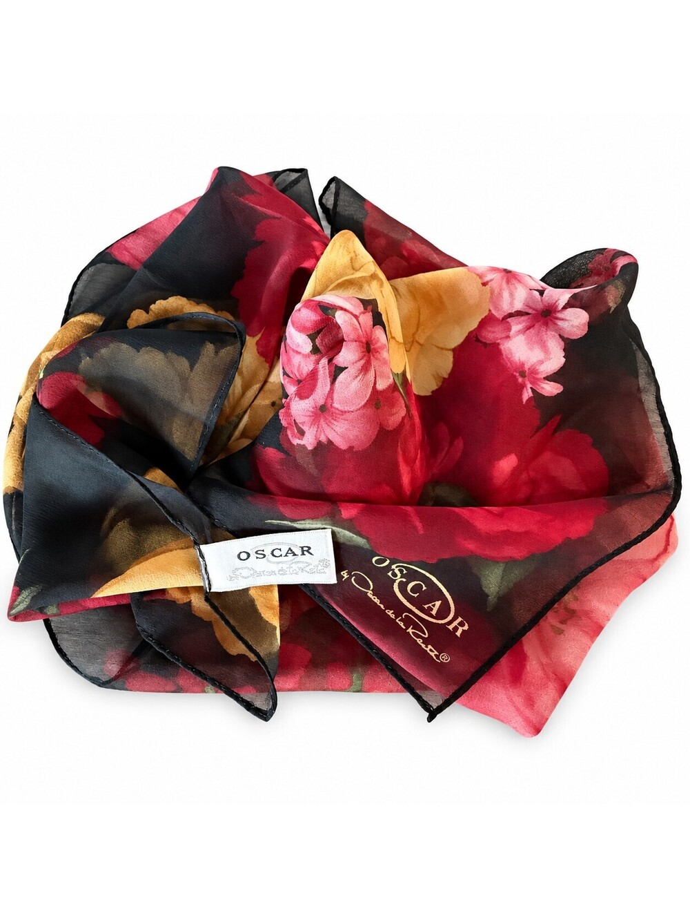 Vintage Oscar de la Renta Silk Scarf Dark Floral Romantic Designer 20” Square